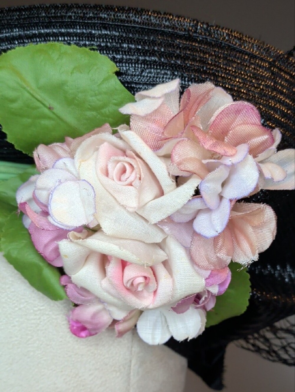 Vintage 60s Black Straw Gainsborough Hat Pink Floral Kentucky Derby Large Brim - Picture 8 of 12